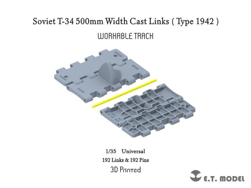 ET Model P35-017 Chenilles fonctionnelles (impression 3D) pour char soviétique T-34, largeur 500 mm, maillons moulés (type 1942), échelle 1/35