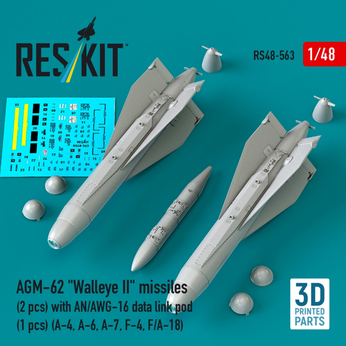 RESKIT RS48-0563 AGM-62 "Walleye II" missiles (2 pcs) with AN/AWG-16 data link pod (1 pcs) (A-4, A-6, A-7, F-4, F/A-18) (3D Printed) 1/48