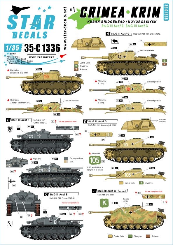 Décalcomanies étoiles 35-C1336 Crimée-Krim. Tête de pont du Kouban et Novorossiysk. StuG III Ausf E et Ausf G de StuG-Abt. 191/197/249/279. 1/35
