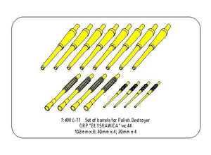 Ensemble de canons Aber 400 L-11 pour destroyer polonais ORP : 102 mm x 8 ; 40 mm x 4 ; 20 mm x 4 (1/400)