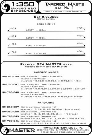 Master SM-350-089 Set of universal tapered masts No1 (length = 100mm each, diameters = 0.3/1.2mm; 0.4/1.5mm; 0.5/1.8mm; 0.6/2mm) 1/350 – image 3