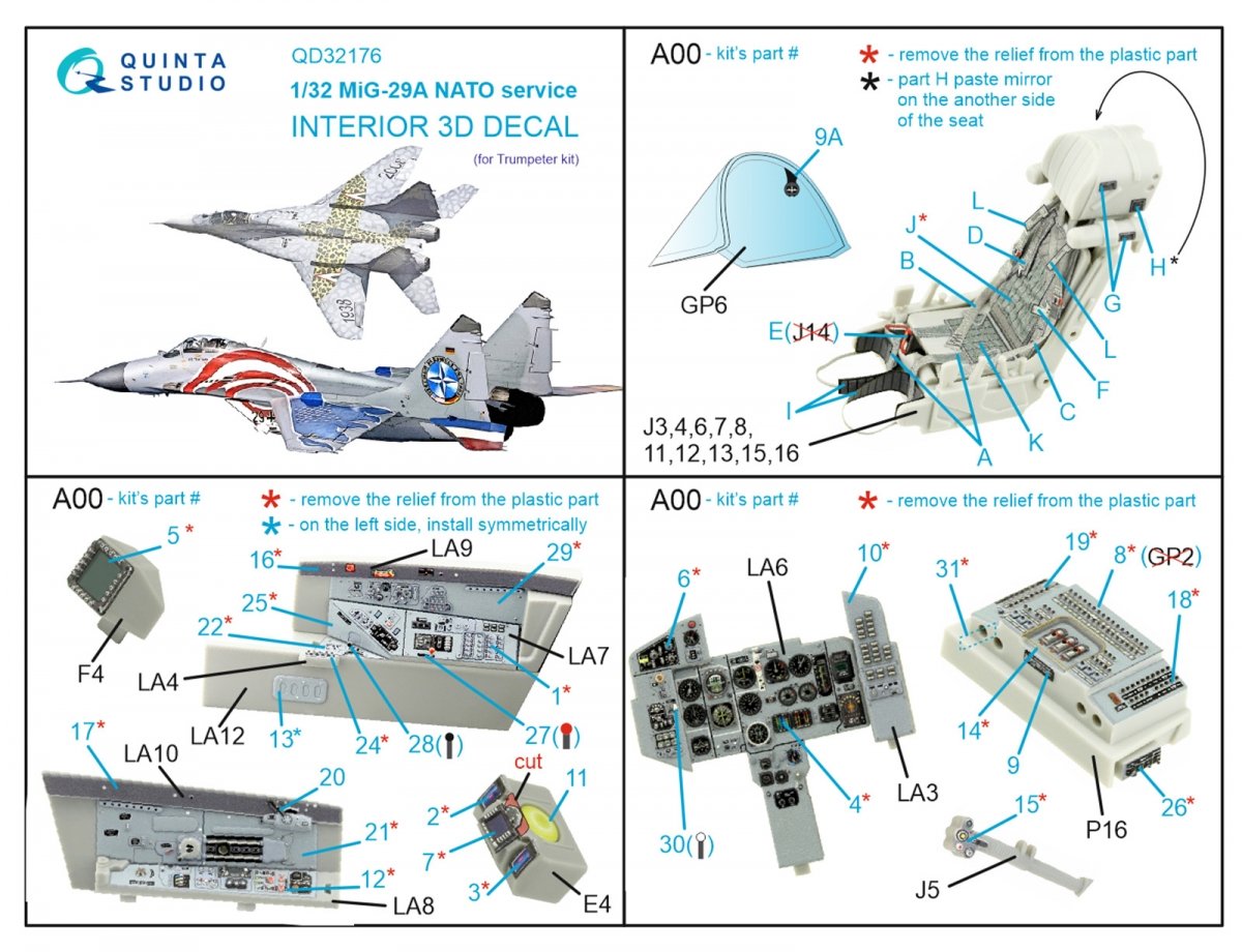 Intérieur imprimé en 3D et coloré sur papier décalcomanie pour MiG-29A de l&amp;#39;OTAN (Trumpeter), par Quinta Studio QD32176, échelle 1/32  – imagen 8