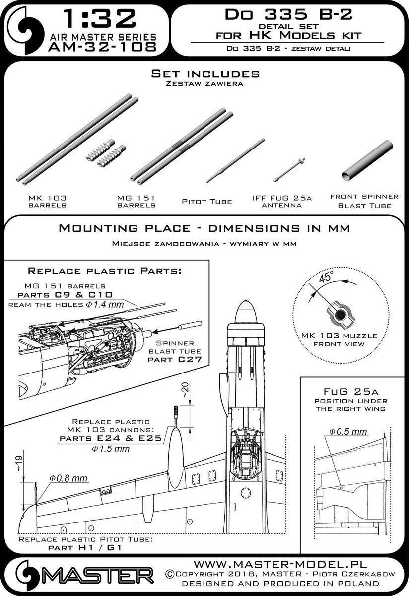Master AM-32-108 Do 335 B-2 – ensemble de détails – MG 151, pointe MK-103, antenne FuG 25a, tube pitot (pour HK Models) (1/32) – Bild 3