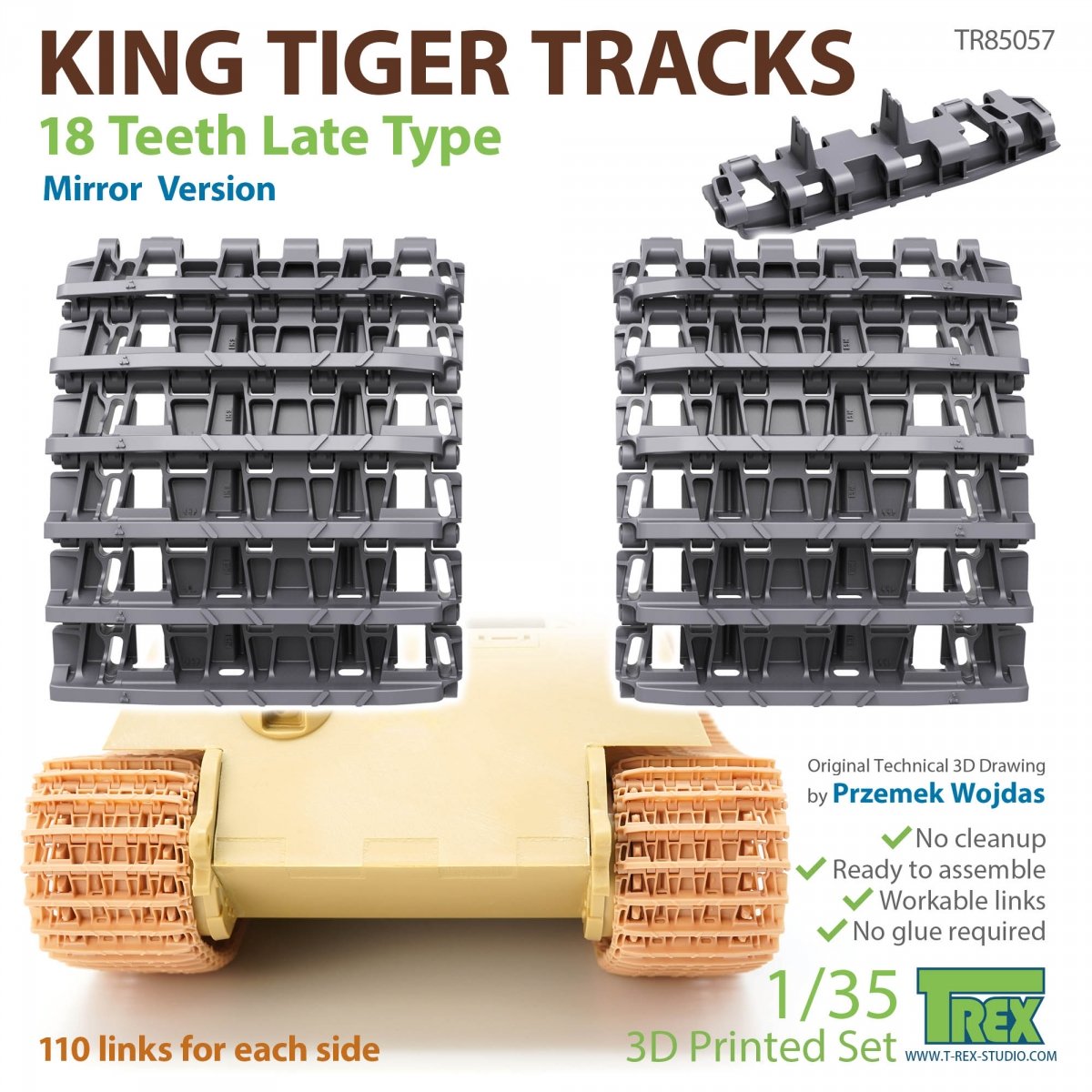 T-Rex Studio TR85057 Chenilles King Tiger 18 dents, version miroir, échelle 1/35