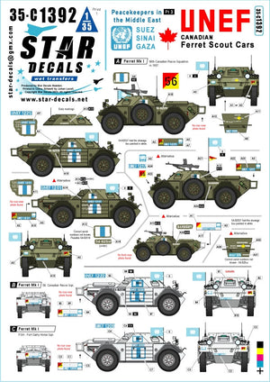 Star Decals 35-C1392 UNEF Ferrets canadiens. Casques bleus du Moyen-Orient n° 3. Voitures de reconnaissance Ferret Mk 1 au 1/35