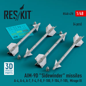 Missiles AIM-9D « Sidewinder » RESKIT RS48-0478 (4 pièces) (Impression 3D) 1/48