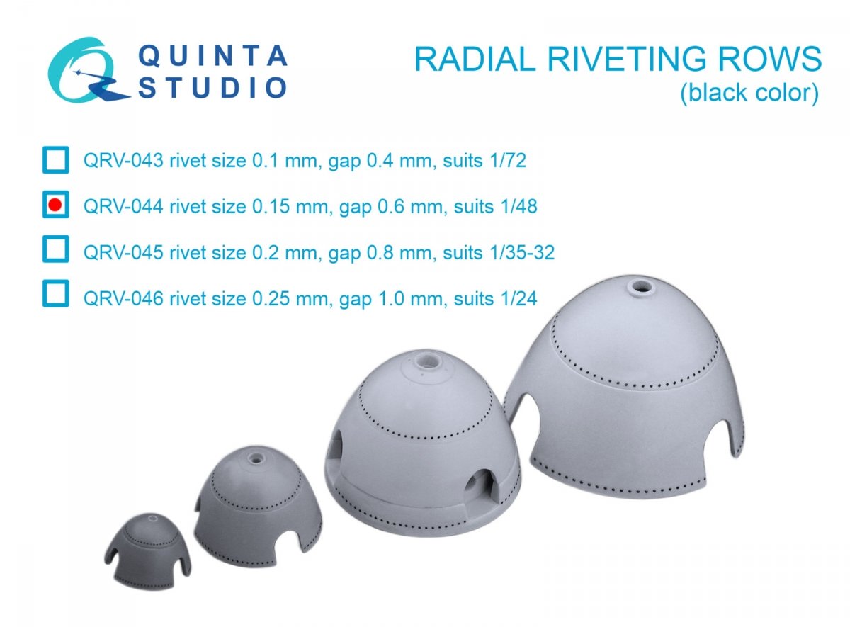 Rangées de rivets radiaux Quinta Studio QRV-044 (taille des rivets : 0,15 mm, écartement : 0,6 mm, convient au 1/48), couleur noire, échelle 1/48