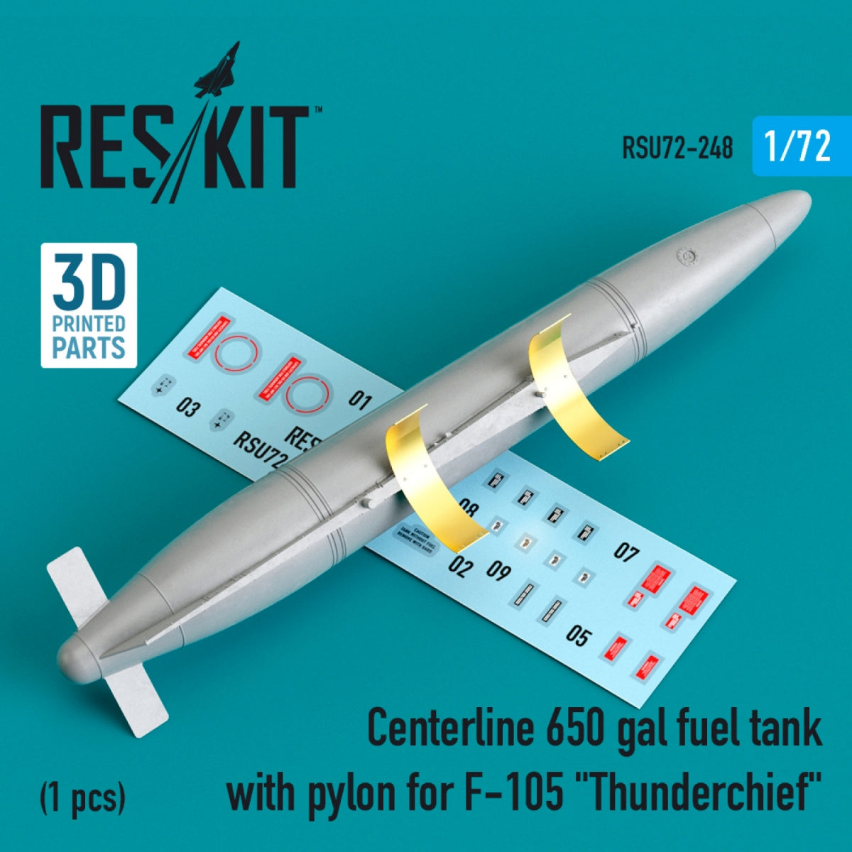 Réservoir de carburant RESKIT RSU72-0248 CENTERLINE 650 gal avec pylônes pour F-105 « THUNDERCHIEF » (1 pièce) (impression 3D) 1/72