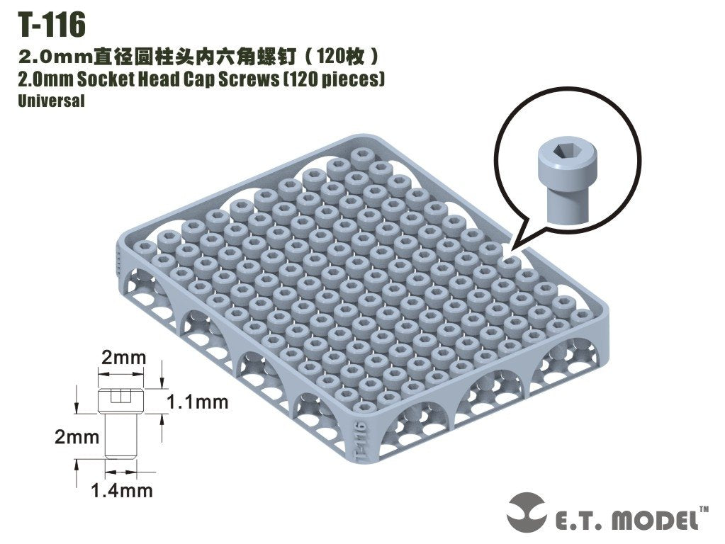 Vis à tête cylindrique creuse ET modèle T-116 de 2,0 mm, 120 pièces