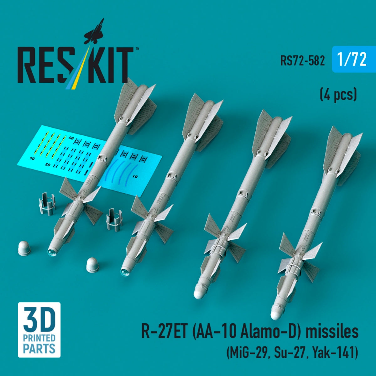RESKIT RS72-0582 R-27ET (AA-10 Alamo-D) missiles (4 pcs) (MiG-29, Su-27, Yak-141) (3D Printed) 1/72