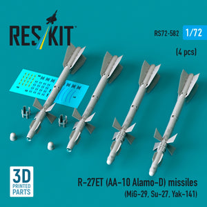 RESKIT RS72-0582 R-27ET (AA-10 Alamo-D) missiles (4 pcs) (MiG-29, Su-27, Yak-141) (3D Printed) 1/72