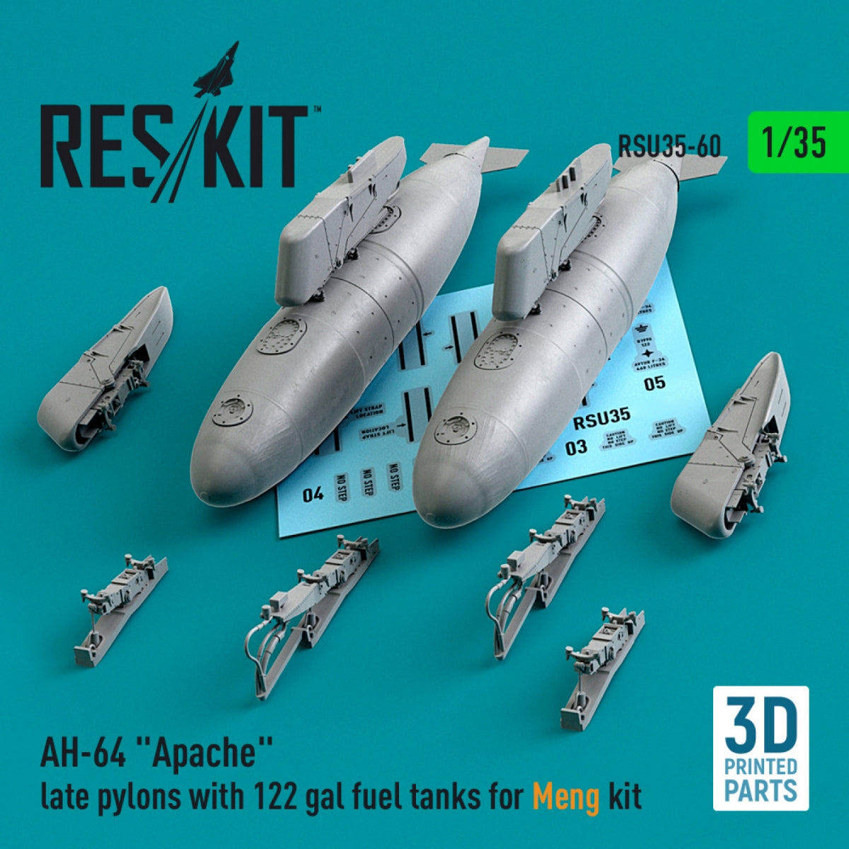 RESKIT RSU35-0060 AH-64 &amp;quot;APACHE&amp;quot; LATE PYLONS WITH 122 GAL FUEL TANKS FOR MENG KIT (3D PRINTED) 1/35