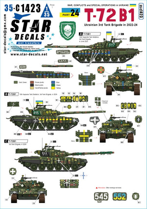 Star Decals 35-C1423 Guerre en Ukraine 24e brigade blindée ukrainienne (2022-2024). Chars T-72B1 à l&amp;#39;échelle 1/35