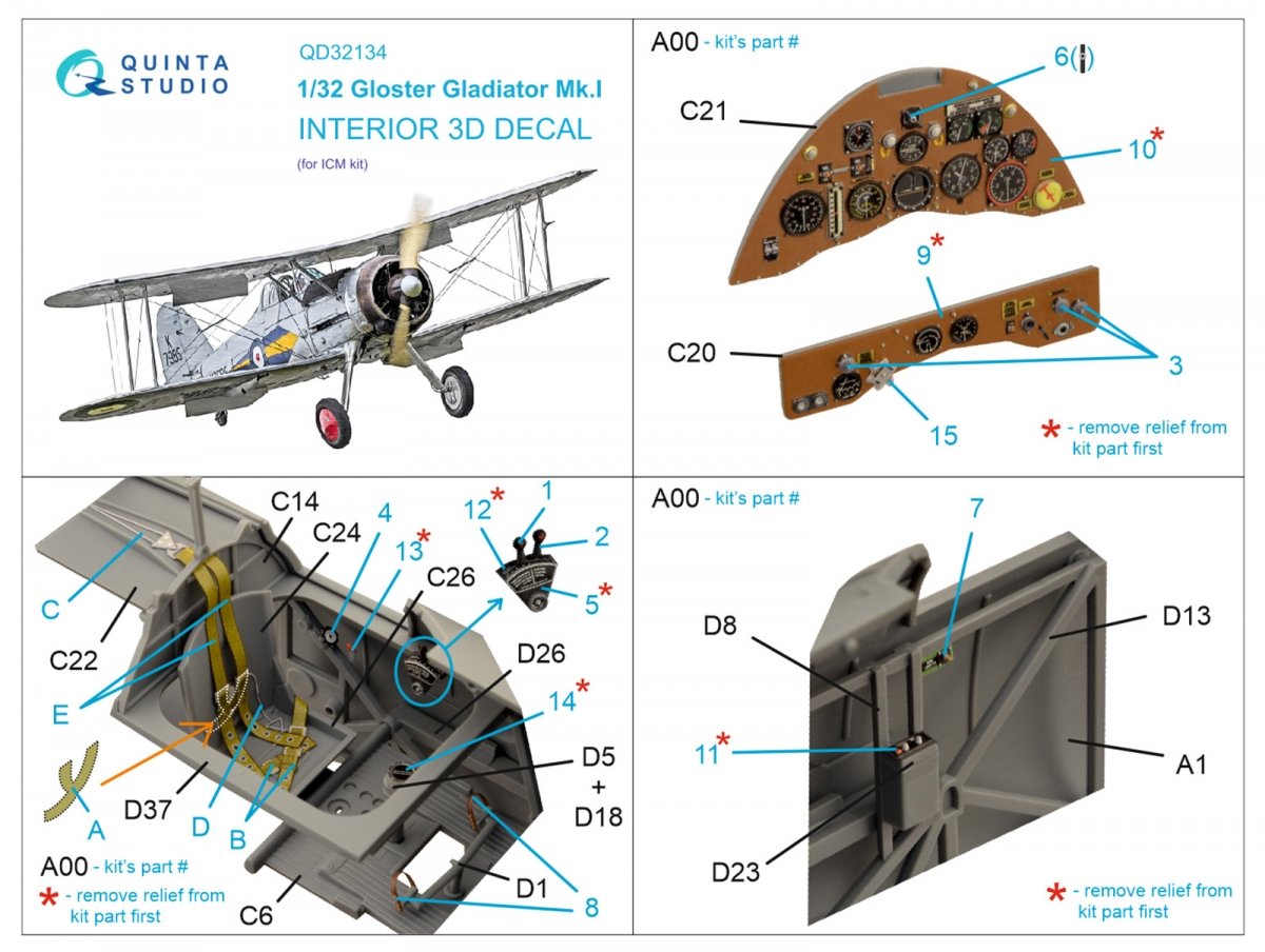 Intérieur imprimé en 3D et coloré sur papier décalcomanie (ICM) Quinta Studio QD32134 Gloster Gladiator Mk I 1/32 – immagine 6