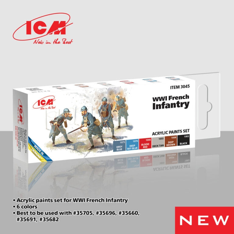 Coffret de peintures acryliques ICM 3045 pour l'infanterie française de la Première Guerre mondiale, 12 ml x 6