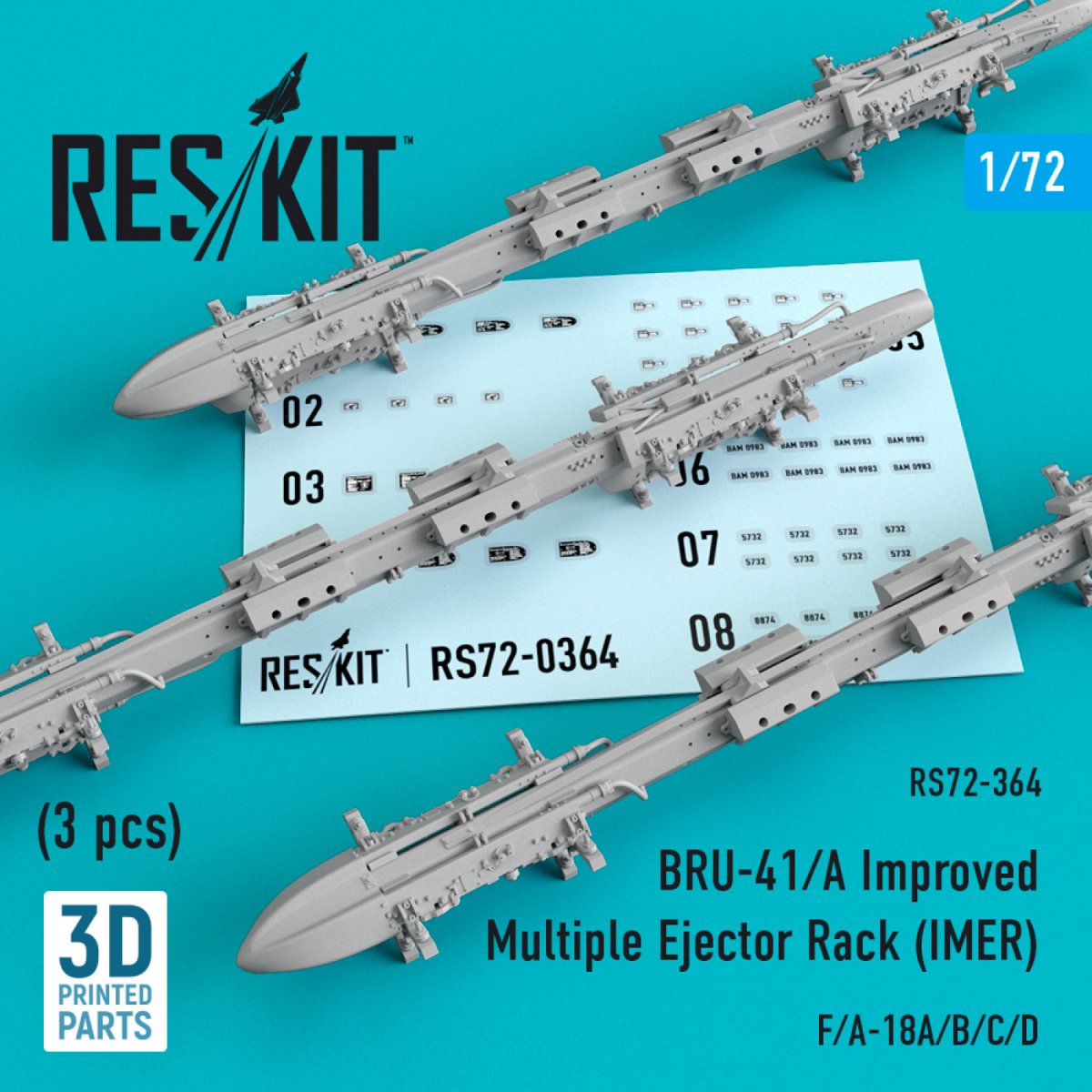 RESKIT RS72-0364 BRU-41/A RACK D&amp;#39;ÉJECTEURS MULTIPLES AMÉLIORÉ (IMER) (3 PIÈCES) 1/72