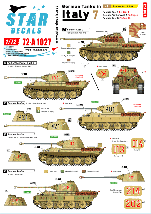 Star Decals 72-A1027 Chars allemands en Italie n° 7. Panther Ausf A et G. Échelle 1/72