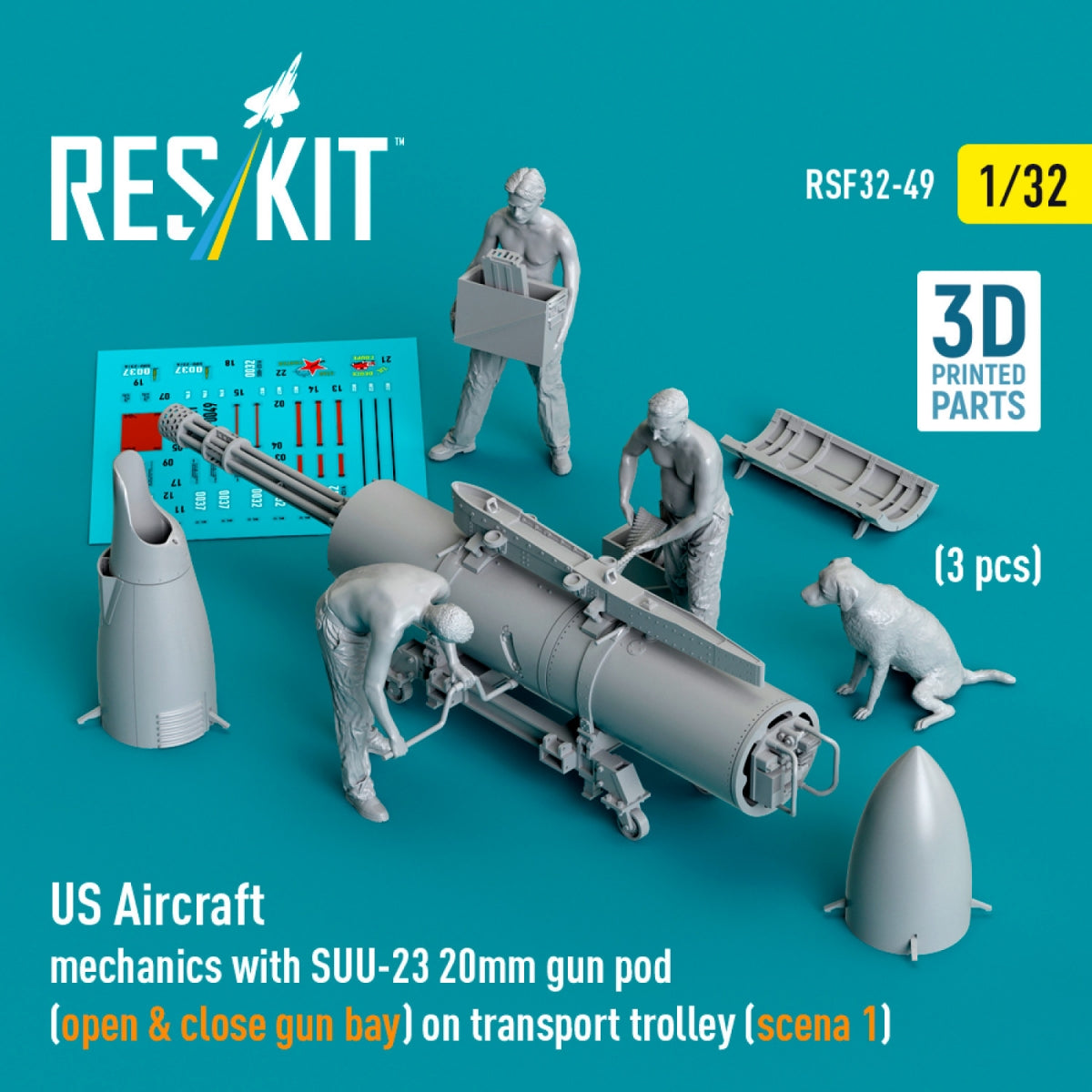 RESKIT RSF32-0049 US Aircraft mechanics with SUU-23 20mm gun pod (open &amp; close gun bay) on transport trolley (scene 1) (3 pcs) (3D Printed) 1/32