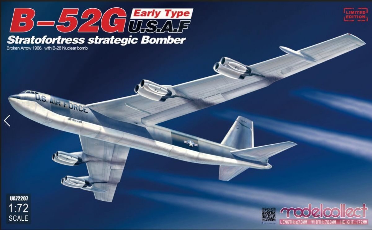 Modelcollect UA72207 B-52G bombardier stratégique stratofortress de type précoce de l'USAF Broken Arrow 1966, avec bombe nucléaire B-28 (1/72) 