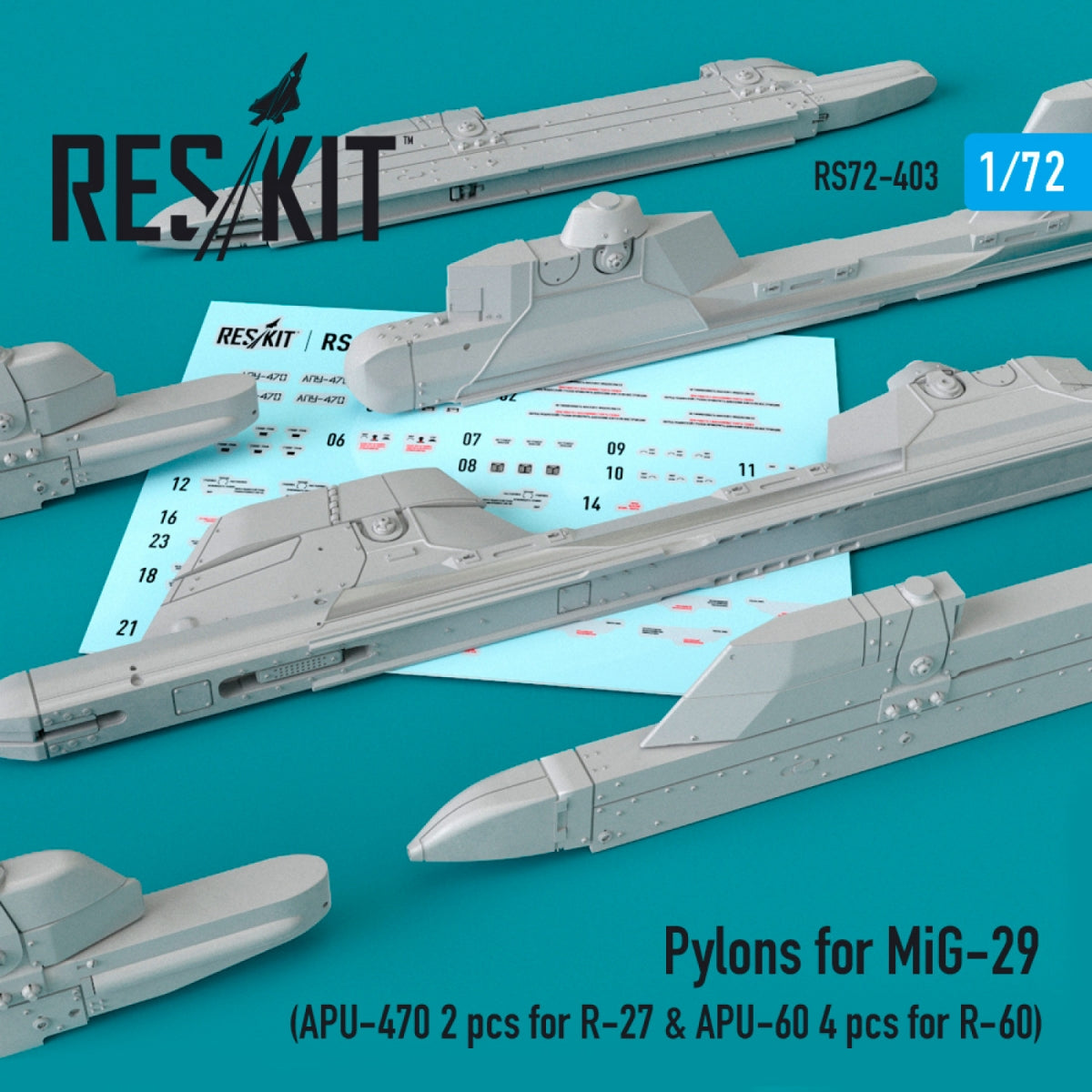 RESKIT RS72-0403 PYLONS FOR MIG-29 (APU-470 2 PCS FOR R-27 &amp; APU-60 4 PCS FOR R-60) 1/72