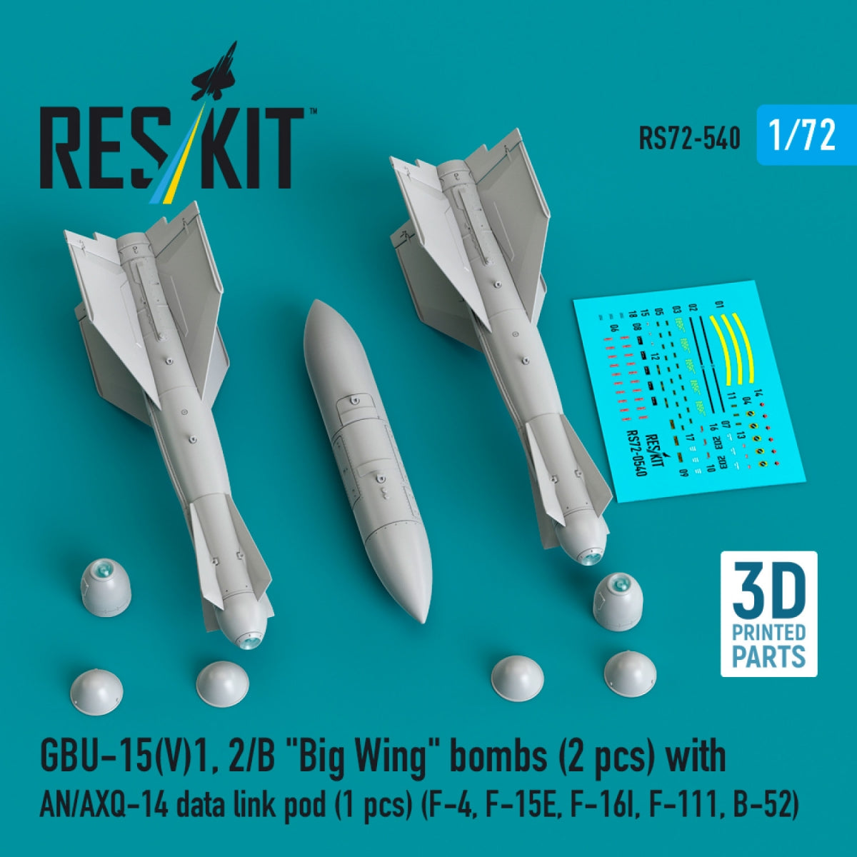 RESKIT RS72-0540 GBU-15(V)1,2/B "Big Wing" bombs (2 pcs) with AN/AXQ-14 data link pod (1 pcs) (3D Printed) 1/72