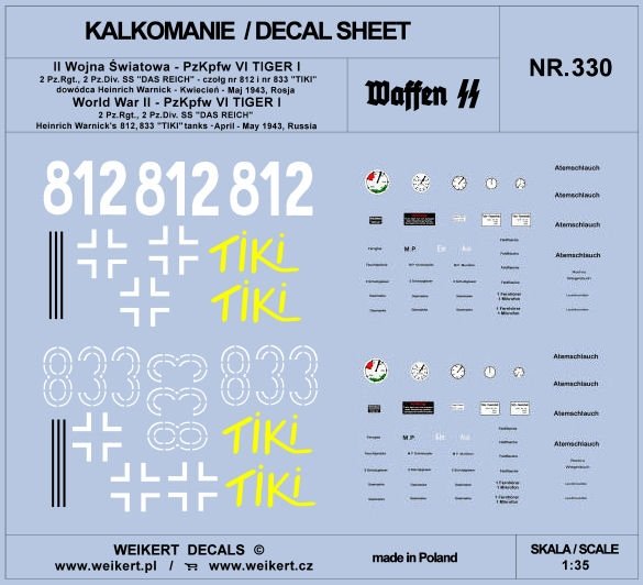 Weikert Decals DEC330 PzKpfw VI TIGER - 2e Régiment Panzer, 2e Division Panzer "DAS REICH" 1/35