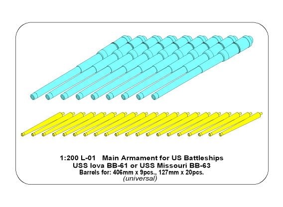 Armement principal Aber 200L-01 pour cuirassé américain Iova ou Missouri : 406 mm x9, 127 mm x20, échelle 1/200 – image 7