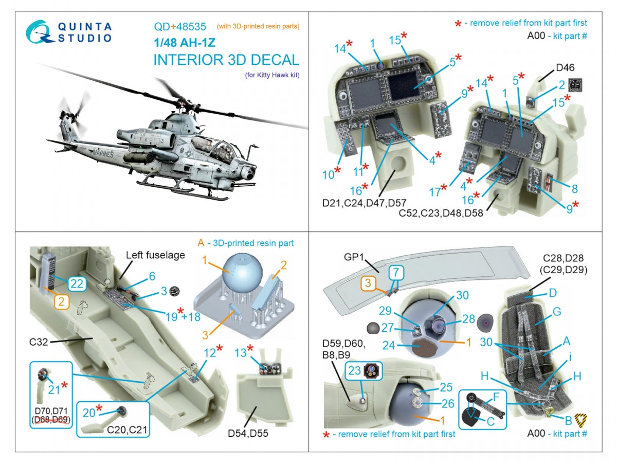 Intérieur imprimé en 3D et coloré sur papier décalcomanie (KittyHawk) pour AH-1Z Zulu Cobra/Viper de Quinta Studio QD+48535 (avec pièces en résine imprimées en 3D) à l&amp;#39;échelle 1/48 – Bild 13