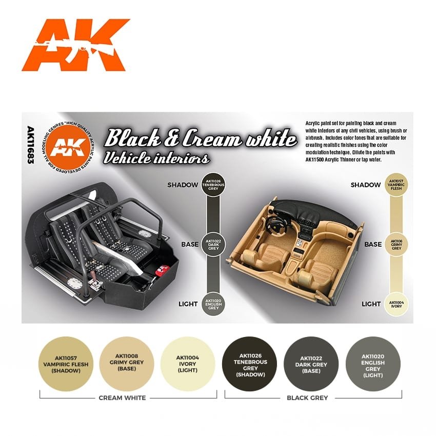 AK Interactive AK11683 3G NOIR ET BLANC CRÈME INTÉRIEURS DE VÉHICULES 6 x 17 ml – image 2