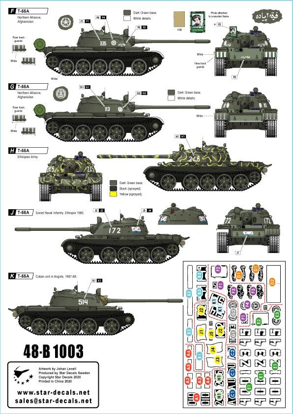 Star Decals 48-B1003 Chars T-55A n° 3. Guerre. Utilisés lors des conflits en Afrique, au Moyen-Orient et en Afghanistan. Échelle 1/48. – immagine 2