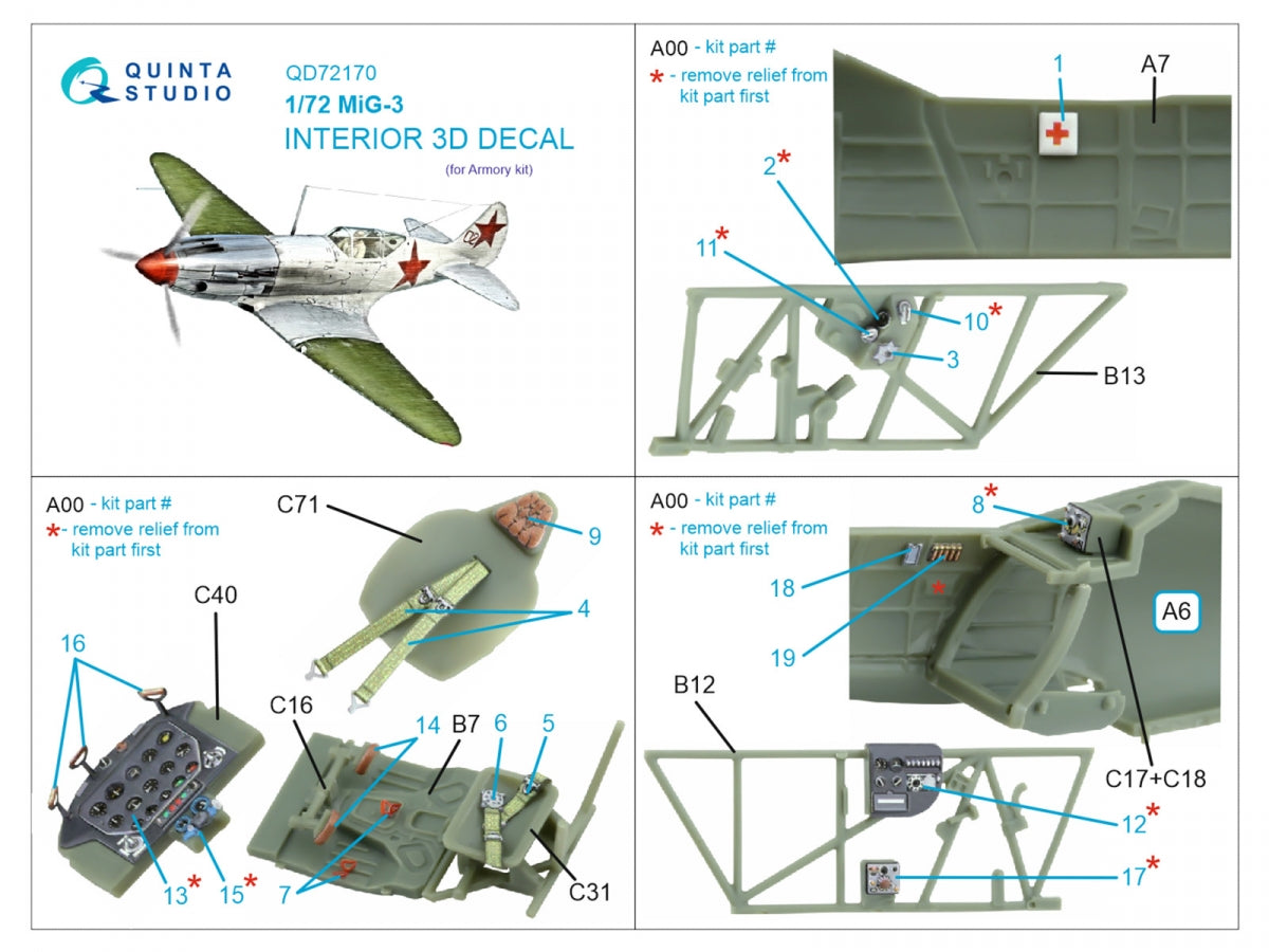 Quinta Studio QD72170 MiG-3 Intérieur coloré imprimé en 3D sur papier décalcomanie (Armory) 1/72 – immagine 9