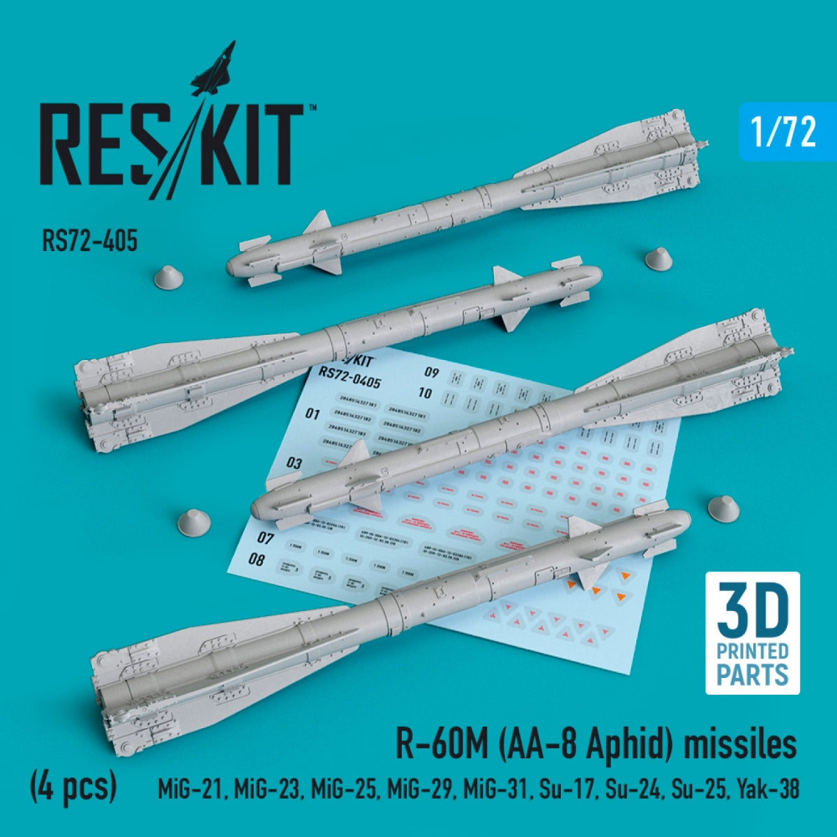 RESKIT RS72-0405 R-60M (AA-8 APHID) MISSILES (4 PIÈCES) (IMPRIMÉS EN 3D) 1/72