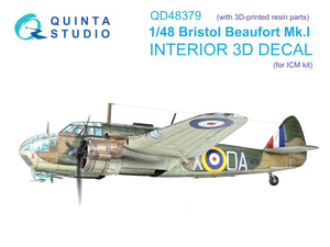 Quinta Studio QD+48379 Bristol Beaufort Mk.I Intérieur imprimé en 3D et coloré sur papier décalcomanie (ICM) (avec pièces en résine imprimées en 3D) 1/48