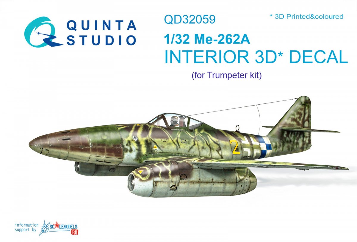 Intérieur imprimé en 3D et coloré sur papier décalcomanie Quinta Studio QD32059 Me-262A (pour maquette Trumpeter) 1/32