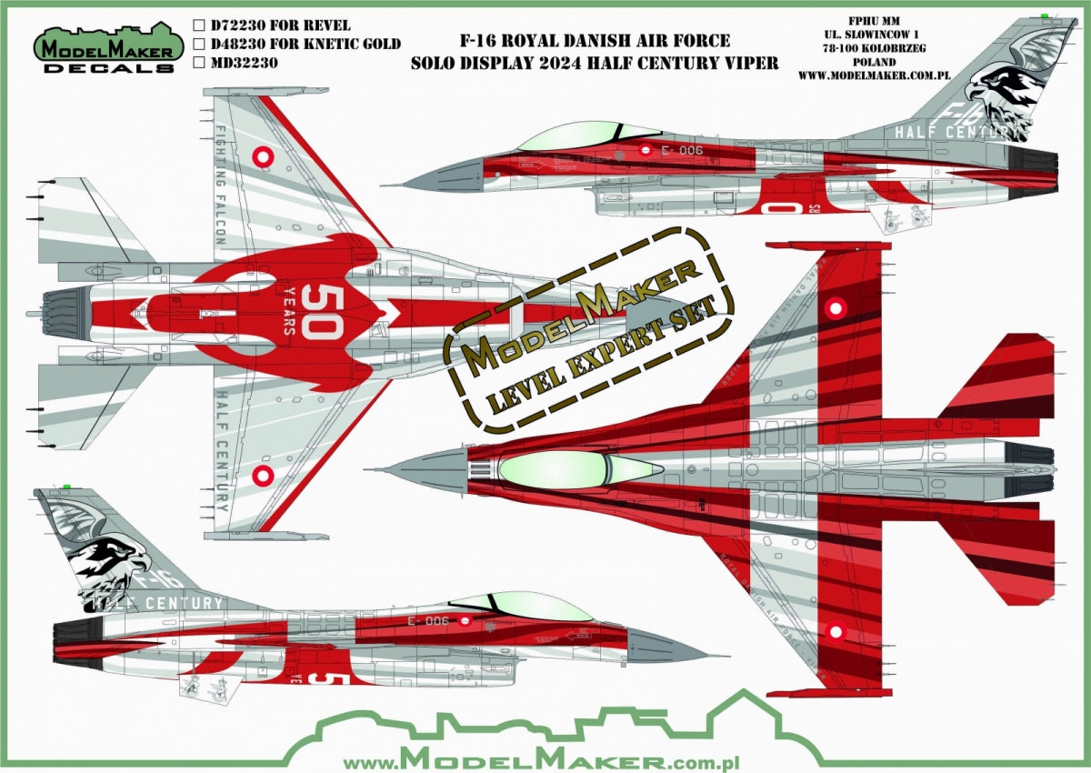 Décalcomanies ModelMaker D48230 F-16 Force aérienne royale danoise, Solo Display 2024 Half Century Viper 1/48