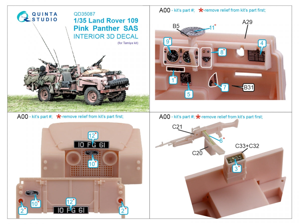 Intérieur imprimé en 3D et coloré sur papier décalcomanie Quinta Studio QD35087 Land Rover 109 Pink Panther SAS (Tamiya) 1/35 – image 2