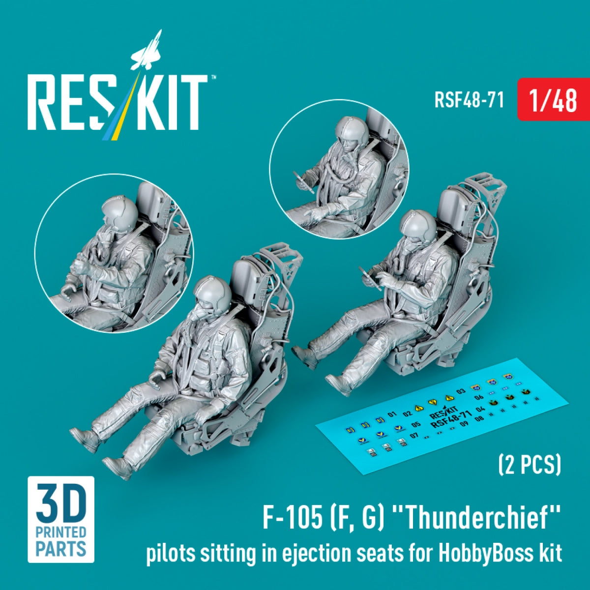 RESKIT RSF48-0071 F-105 (F, G) « Thunderchief » : pilotes assis dans des sièges éjectables pour maquette HobbyBoss (2 pièces) (Impression 3D) 1/48