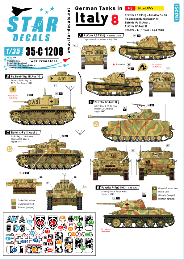 Star Decals 35-C1208 Chars allemands en Italie n° 8 Véhicules blindés mixtes 1/35