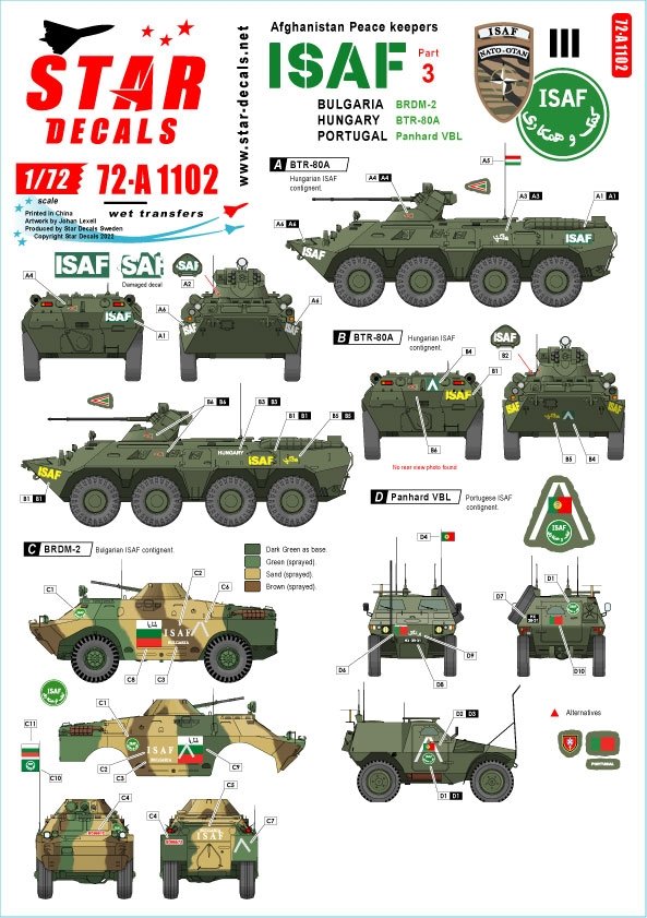 Star Decals 72-A1102 ISAF-Afghanistan # 3. Peacekeepers from Bulgaria, Hungary and Portugal. BRDM-2, BTR-80A, Panhard VBL. 1/72