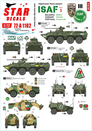 Star Decals 72-A1102 ISAF-Afghanistan n° 3. Casques bleus bulgares, hongrois et portugais. BRDM-2, BTR-80A, Panhard VBL. Échelle 1/72.