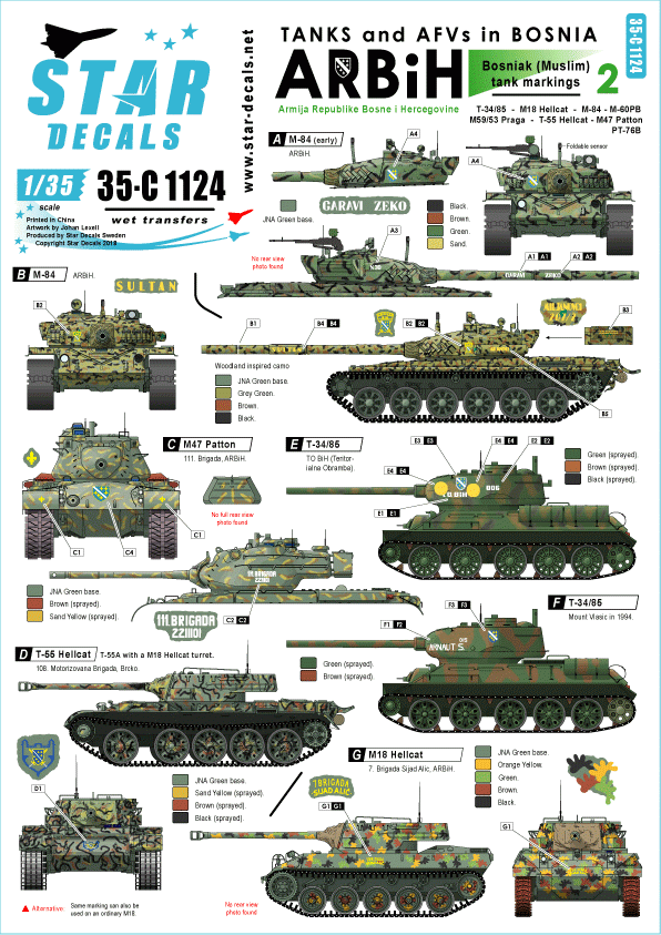 Star Decals 35-C1124 ARBiH (Musulman). T-34/85, M18 Hellcat, T-55/Hellcat, M-84, M-60PB, M53/59 Prague, PT-76B, M47 Patton 1/35