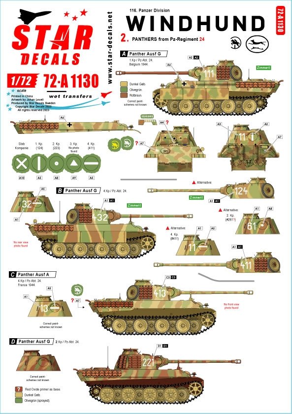 Star Decals 72-A1130 Windhund n° 2. Panthers du Pz-Regiment 24 1/72