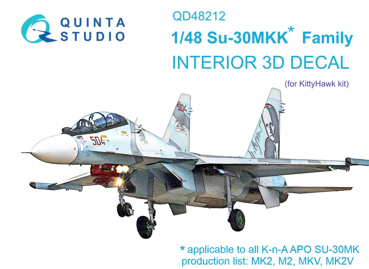 Intérieur imprimé en 3D et coloré sur papier décalcomanie Quinta Studio QD48212 Su-30MKK (KittyHawk) 1/48