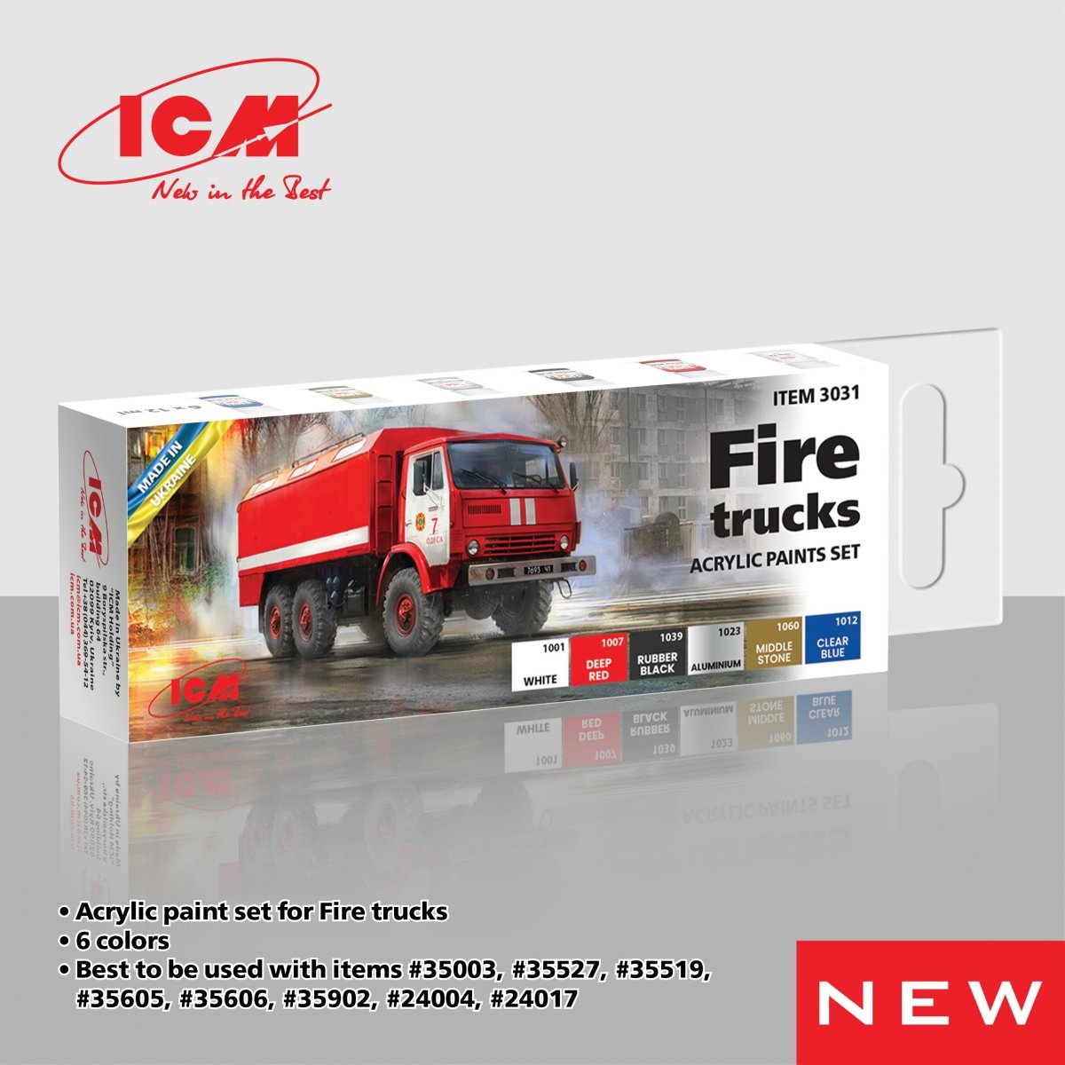 Kit de peinture acrylique ICM 3031 pour camions de pompiers, 6 x 12 ml