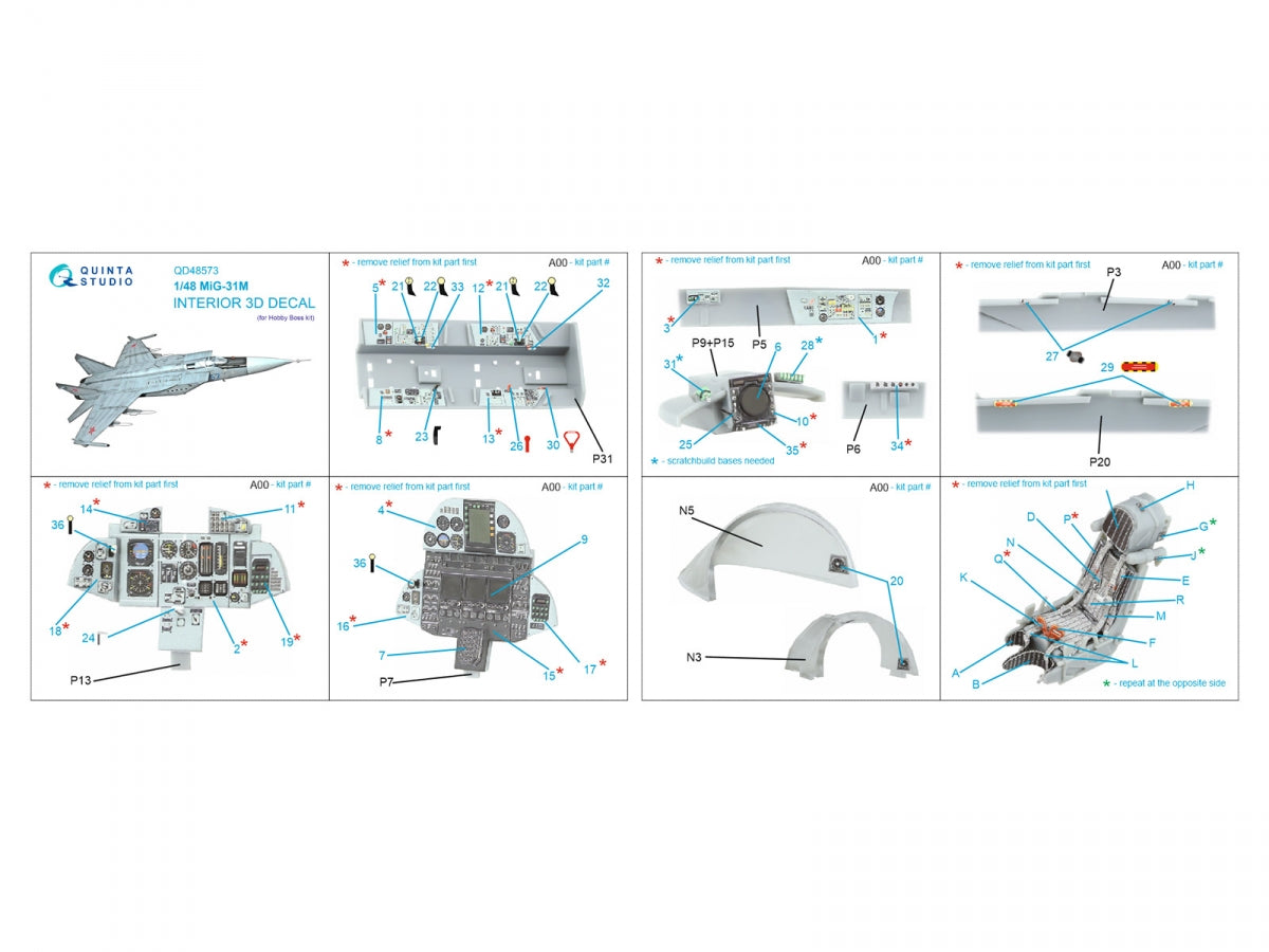 Intérieur imprimé en 3D et coloré sur papier décalcomanie Quinta Studio QD48573 MiG-31M (Hobby Boss) 1/48 – immagine 2