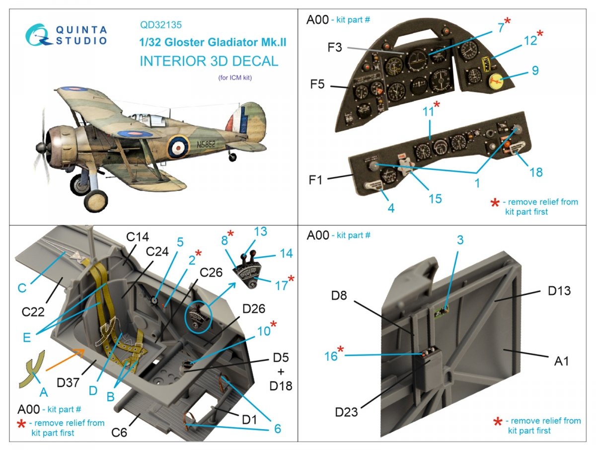 Intérieur imprimé en 3D et coloré sur papier décalcomanie (ICM) Quinta Studio QD32135 Gloster Gladiator Mk II 1/32  – Bild 7