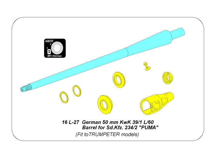 Canon Aber 16L-27 de 5 cm KwK 39/1 L/60 allemand pour Sd.Kfz.234/2 « PUMA », compatible avec les maquettes Trumpeter au 1/16.