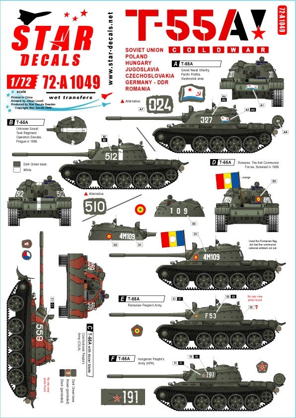 Star Decals 72-A1049 T-55A Guerre froide. Armée soviétique (infanterie de terre et de marine), Pologne, Hongrie, Yougoslavie, Tchécoslovaquie, Allemagne-RDA et Roumanie. Échelle 1/72.