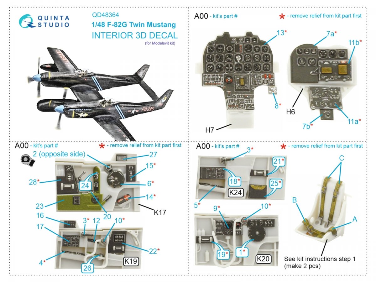 Intérieur imprimé en 3D et coloré sur papier décalcomanie Quinta Studio QD48364 F-82G Twin Mustang (Modelsvit) 1/48 – image 11