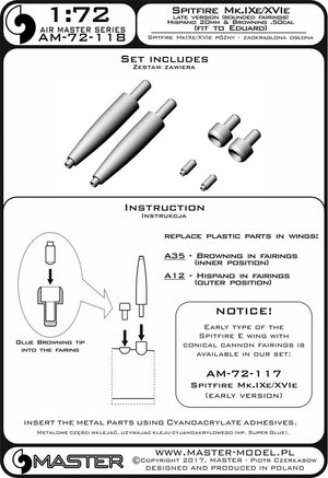 Master AM-72-118 Spitfire Mk.IXe/XVIe późna wersja (zaokrąglona osłona) - lufy działek Hispano 20mm oraz km Browning .50cal w osłonach (pasuje do modelu Eduarda) 1/72 – zdjęcie 3